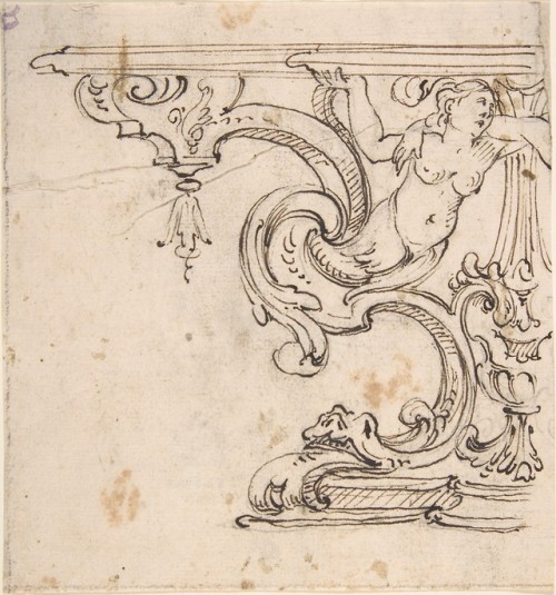 met-drawings-prints: Left Side of the Design for a Table with the Figure of a Siren by Anonymous, It