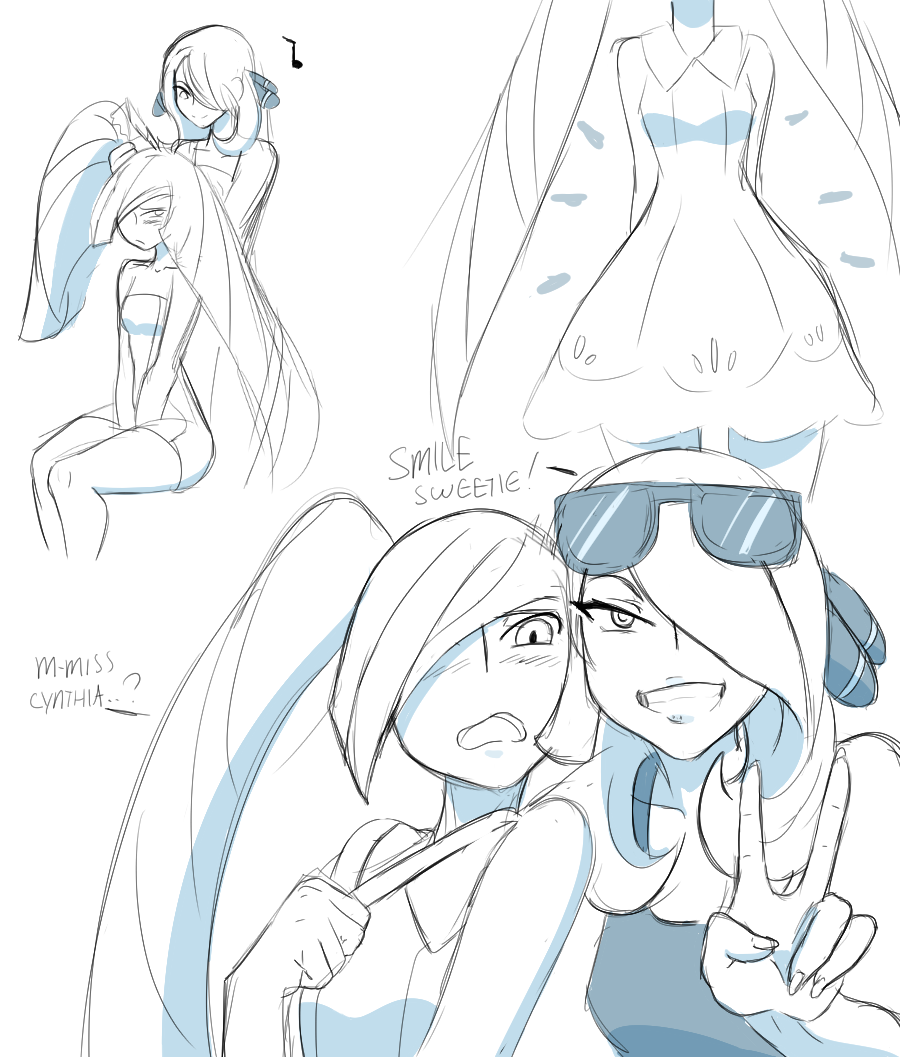 zeromomentaii:   Quick pokemon scribbles.   Cynthia gunna show Lusamine how to