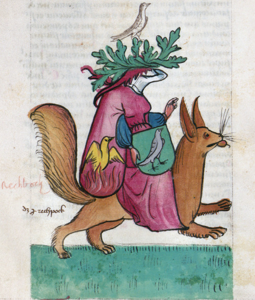discardingimages:lady-at-arms riding a squirrel Pugna virtutum et vitiorum, Bavaria 14th centuryBaye