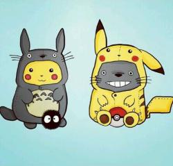 itslittlelaura:  I don’t own this picture!  But this is so cute! Like Pikachu in a Totoro costume, and Totoro in a Pikachu costume! Awww….