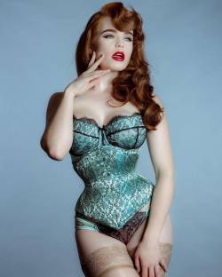 miss-deadly-red: Teal glamour 💎 wearing @jemcorsets with my @playfulpromises lingerie shot by @carl.crm.photography 💎 #mua #makeup #corset #tightlacing #waisttraining #pinup #vintage #retro #altmodel #redhead #ginger #eyebrows #redlips #fetish #kinky