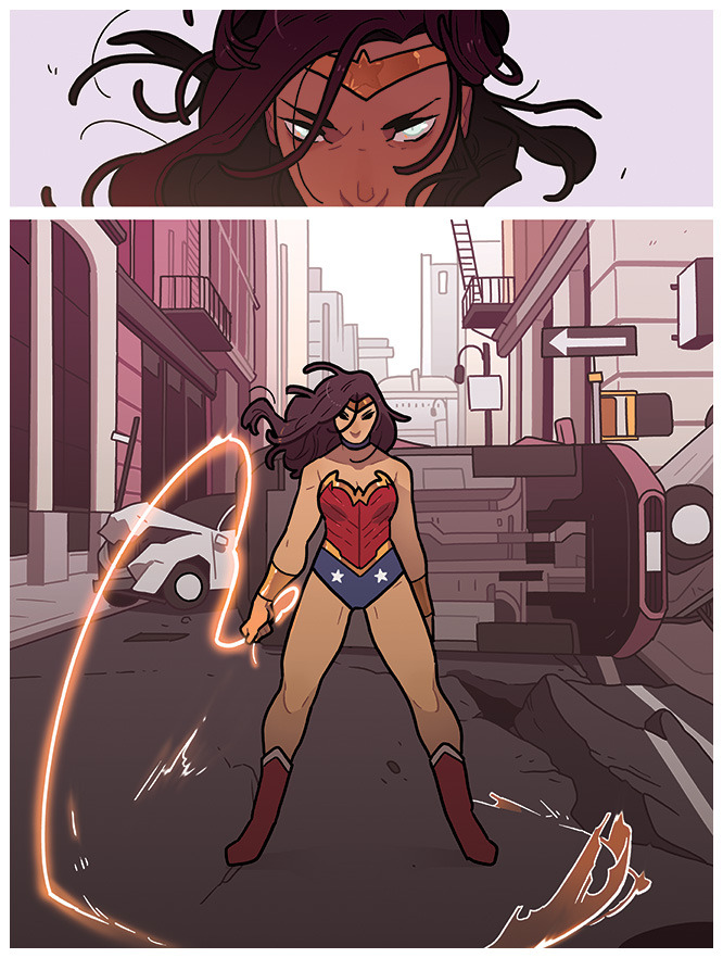 Description: An illustration broken up into two images.  The top image is a close up of Wonder Woman's face. She looks 