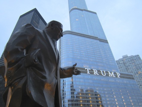Irv Kupcinet statue and the Trump Tower.