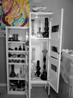 dabcandycannabis:  New cabinet for our glass family. :)(Also just thought you guys would love the trip painting)