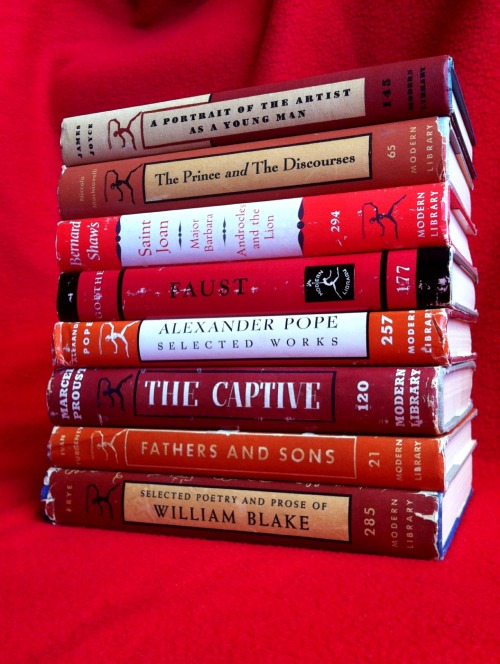 macrolit: RED stack of vintage Modern Library hardcovers from the 1930s-1960s. For the next day or s