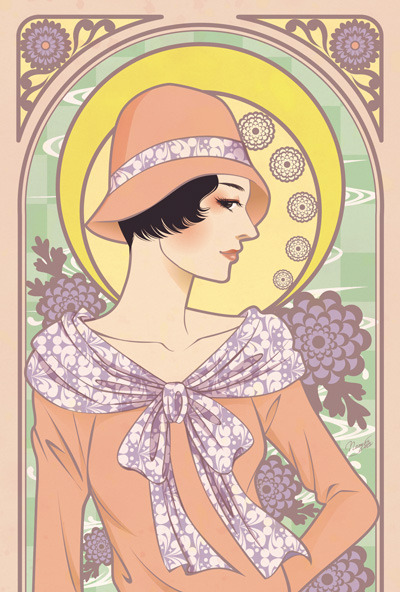 Anime/Mucha-style drawing of a modern girl. Found here (credit to artist not given at source)