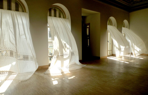 allthedaysordained: Melancholia in ArcadiaGabriel Lester2011, lace curtains, textile hardenerSALT, I