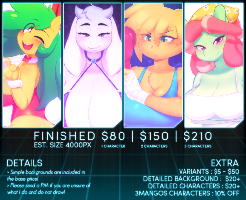 3mangos:  ** Please read EVERYTHING before submitting your idea!! **  This is an “audition” of sorts to enter a waiting list. Whatever commission ideas I like the most will get picked. Now, this will not guarantee that I get to your commission as