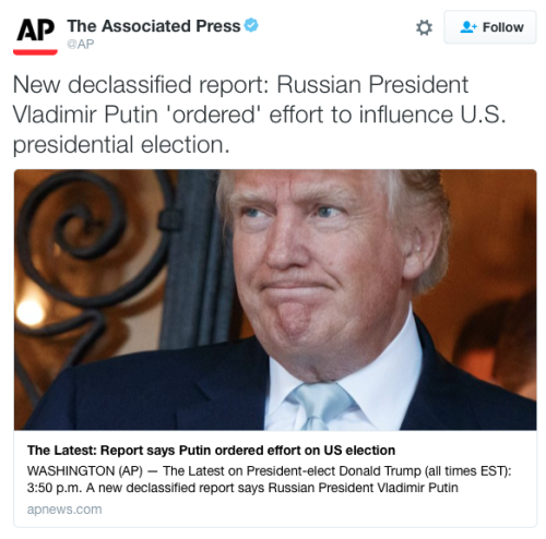 jumpingjacktrash:  malisteen:  keepyourarmin:  micdotcom:  Vladimir Putin ordered attempt to influence US election, declassified report says Russian President Vladimir Putin personally directed an attempt to harm Hillary Clinton’s chances of winning