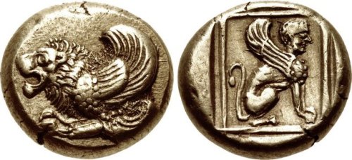 Electrum hekte coin of the ancient Greek city of Mytilene on the island of Lesbos, depicting the for