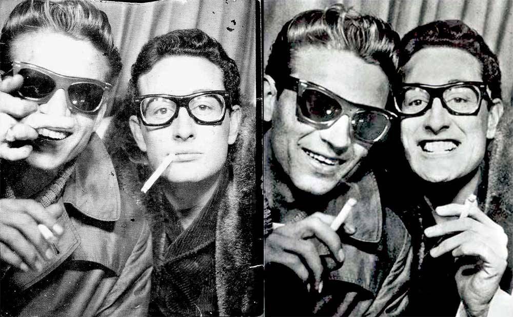 sweetheartsandcharacters:  Waylon Jennings and Buddy Holly in a photo booth in Grand