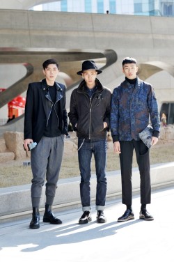 koreanmalemodels:  Kim Mooyoung, Kim Dojin, and Min Juneki for Seoul Fashion Week F/W 2014, day 1 (cr: streetper)