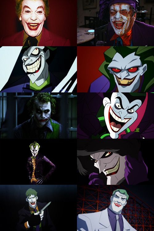 affable-evil:Evolution of The Joker (1966-2013)Cesar Romero (1966), Jack Nicholson (1989), Mark Hami
