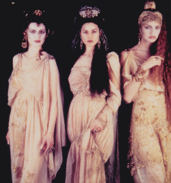 cinequeer:  Florina Kendrick, Monica Bellucci, and Michaela Bercu behind the scenes of Dracula directed by Francis Ford Coppola, 1992