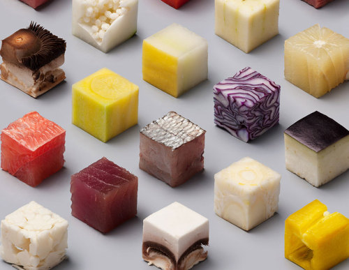thejonymyster: boredpanda: Artists Cut Raw Food Into 98 Perfect Cubes To Make Perfectionists Hungry 