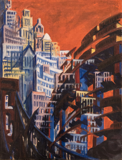 amare-habeo:Louis Lozowick (Ukrainian-American,  1892 – 1973) New York, 59th Street Bridge, 1922Oil 