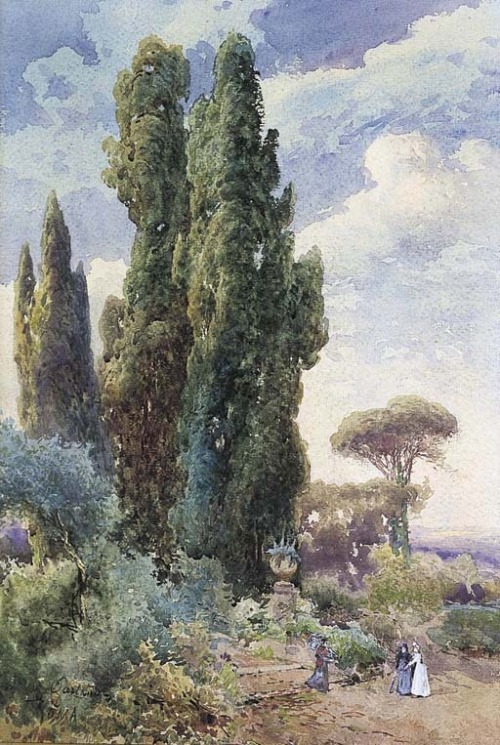 Onorato Carlandi  (1848-1939)Incontro nel parco; Tivoli, viale a Villa d'Este