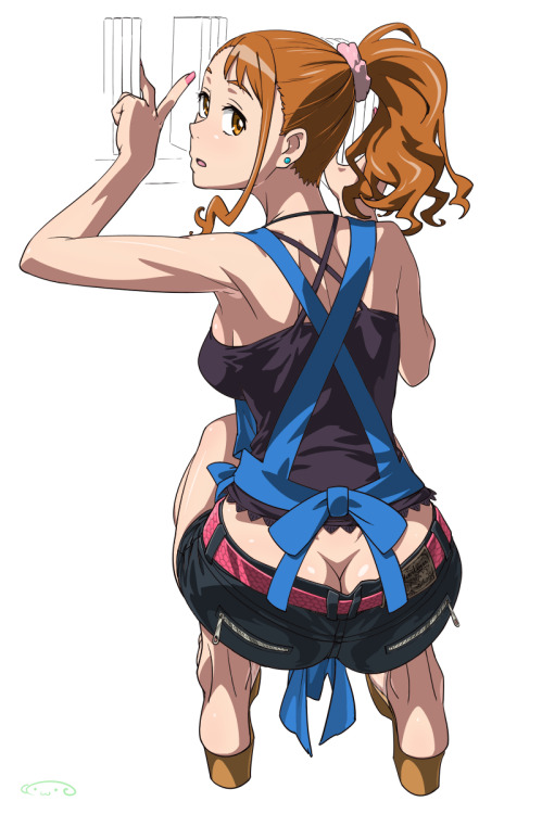 voynich8:  ano hi mita hana no namae wo bokutachi wa mada shiranai, anjou naruko, suna, high resolution, apron, ass, bare shoulders, belt, breasts, brown eyes, brown hair, earrings, jewelry, looking back, :o, open mouth, ponytail, posterior cleavage,