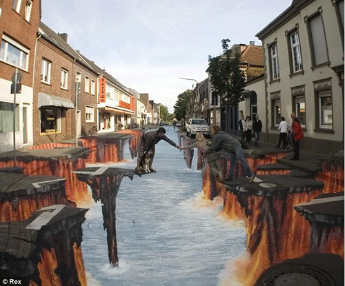 3D Sidewalk art by Julian Beever. http://www.julianbeever.net/index.php?option=com_phocagallery&amp;view=category&amp;id=2&amp;Itemid=8