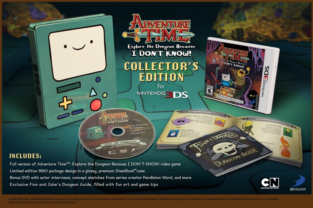 Adventure Time 3DS’s collector’s edition ⊟ Along with the special BMO packaging that comes with the $40 collector’s edition for Adventure Time: Explore the Dungeon Because I Don’t Know! 3DS, you’ll also get a bonus DVD (interviews, concept sketches...