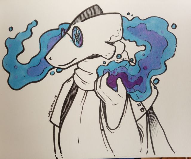 Traditional lined drawing of a character, staring blankly to the side, as he holds a fire that twirls around him in his left hand. His glasses and the flame are colored in with blue alcohol marker, with additional tones shifting towards purple.