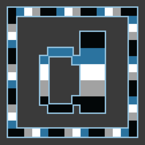  [image description: five pixel art icon sets of the lower case letters “a”, “c”, “d”, “f” and “i” s