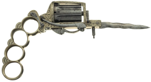 Silver plated and engraved Dolne Apache knuckleduster revolver, France, late 19th century.