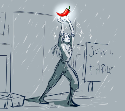 katieourmatie:  Troubled individual encounters suave (stalker? vampire?) farmer outside workplace at 9 in the morning in the rain, holding a hot pepper of medium quality aloft. Is wordlessly presented with said hot pepper in an oddly matrimonial fashion.