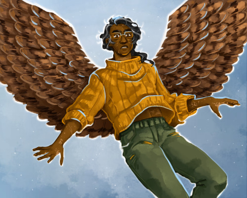 disturbedgerblin:[IMAGE ID: A drawing of Jon, a man with a pair of large, brown, owl-like wings. He 