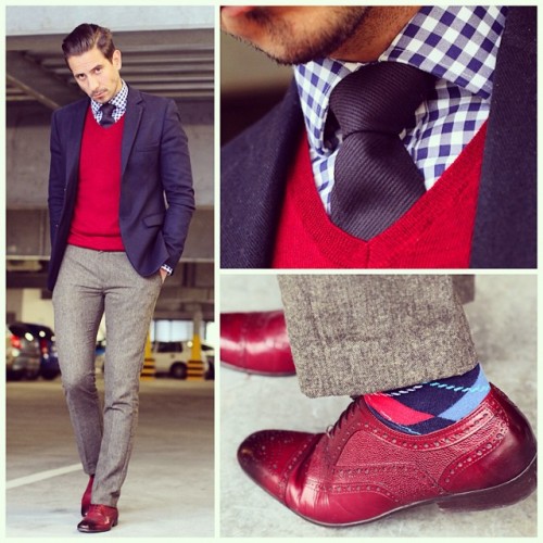 whatmyboyfriendwore: Navy and red. Classic.  Blazer and pants by @topshopsouthafrica  Shirt by @tmle