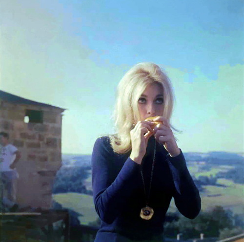 65eatonplace: Sharon Tate on a break during filming of  “Eye of the Devil” on location at the  Châte