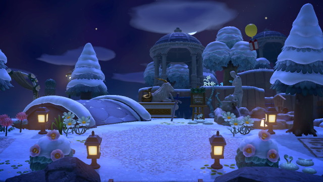 i keep fussing with my entrance... slowly morphing into a sculpture garden?  #animal crossing #animal crossing new horizons #new horizons#acnh#landscaping#entrance#winter#night#snow