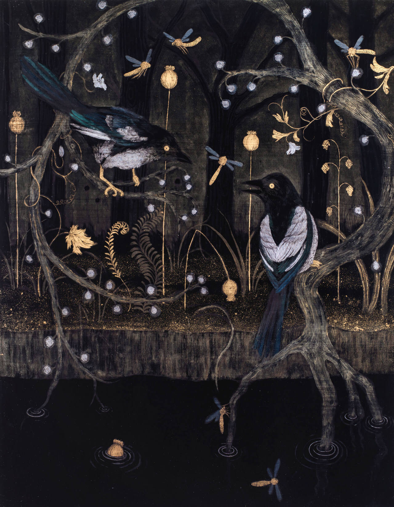 jareckiworld:
“Tuesday Riddell — Midnight Magpies (gold leaf, silver leaf, gold powder and paint on japanned board, 2021)
”