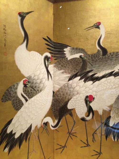 Flock of Cranes (detail) by Ishida Yutei, 1767-84. Six-panel folding screen, Japan