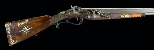 Very early over and under percussion sporting gun,Originally a flintlock converted into percussion, 