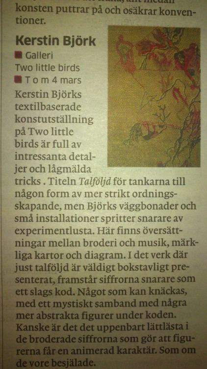 recension av min utställning på two little birds. GP 22 februari 2014.