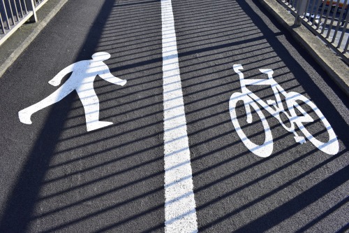 Pedestrian and cyclist markings, pedestrian walkway, Teignmouth Gardens, A40, Perivale, London Borou