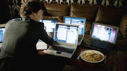 completemadnessandtotalawesomnes:  marthajonessupremacy:  BUT SHERLOCK DO YOU NEED THIS MANY LAPTOPS COULD YOU NOT OPEN ANOTHER TAB OR  [blogging intensifies]  Most of the people from tumblr are gonna end up doing this in the future im guessing. 