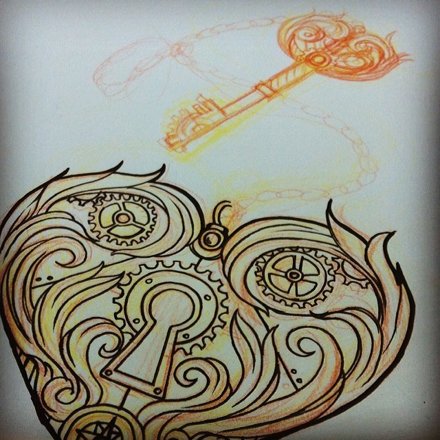 Inks, art, and ponders — Rough design #key #lock #steampunk...