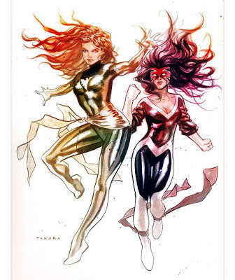 29-year-old-virgin:   Phoenix &amp; Captain Britain by Marcio Takara My two fave X-Men together.
