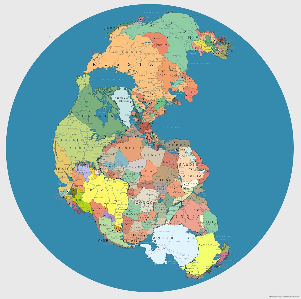 A map of Pangea overlaid with the borders of modern countries
Waaaaay back when, when India and Antarctica and Australia were part of the same hills and plains.
Via
Submitted by KO