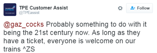 lgbtlaughs:  UK Train Company Customer Support Twitter Responds to Customer Transmisogyny