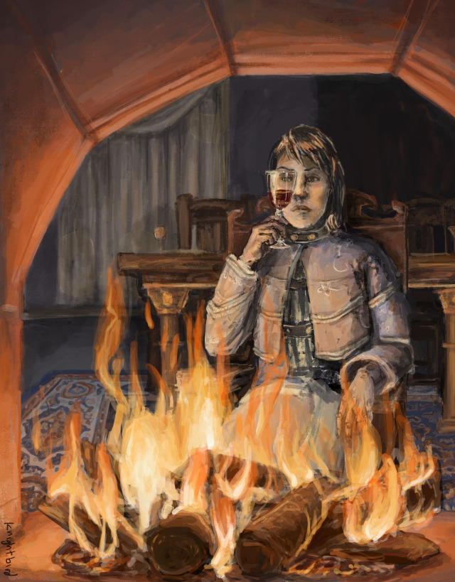 Painting of Lara Ravel from pathologic sitting in front of the fireplace of The Shelter. She is looking through a half-full wine glass. The fireplace is in the foreground.