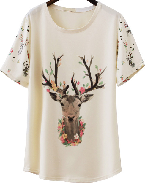 pastel-cheap:Apricot Short Sleeve Deer Print LooseT-Shirt$15.55