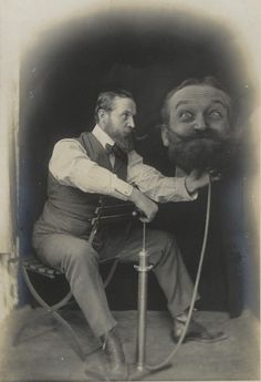 ca. 1899, [silver print portrait of a gentleman inflating an enlarged duplicate of his own head, “Un