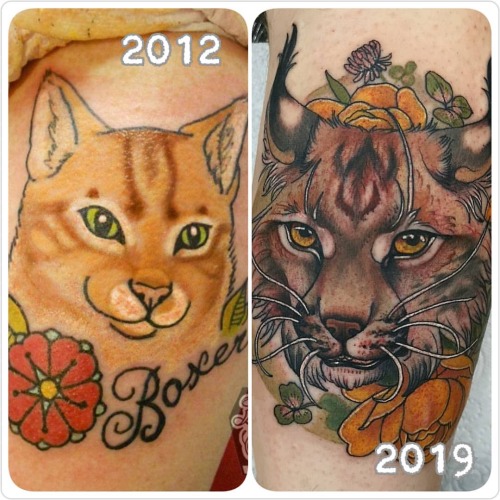 Here&rsquo;s a fun photo comparison for you. My first cat tattoo and a more recent big catto #catsof