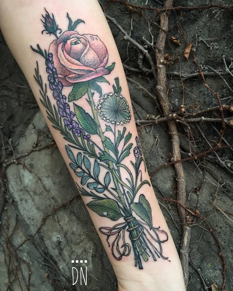 KREA - botanical tattoo of verbena and lavender flowers, by m. c. escher,  inking on skin