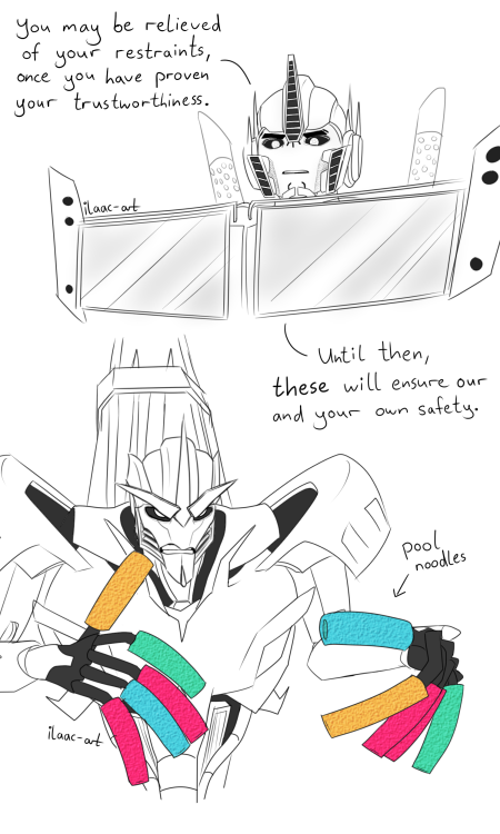 ilaac-art: Starscream redemtion arc but instead of handcuffs, he has to wear pool noodles over his c
