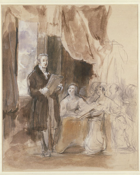 encyclopedia-victoria-blog:Sir Robert Peel reading to the Queen (c. 1840s)Sepia-tone watercolour ske