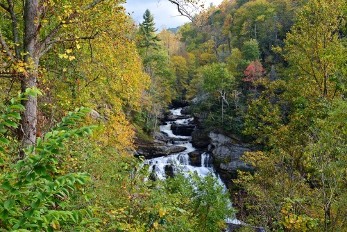 Cullasaja Falls in North Carolina. This falls is on the Cullasaja River Gorge Waterfall byway, such 